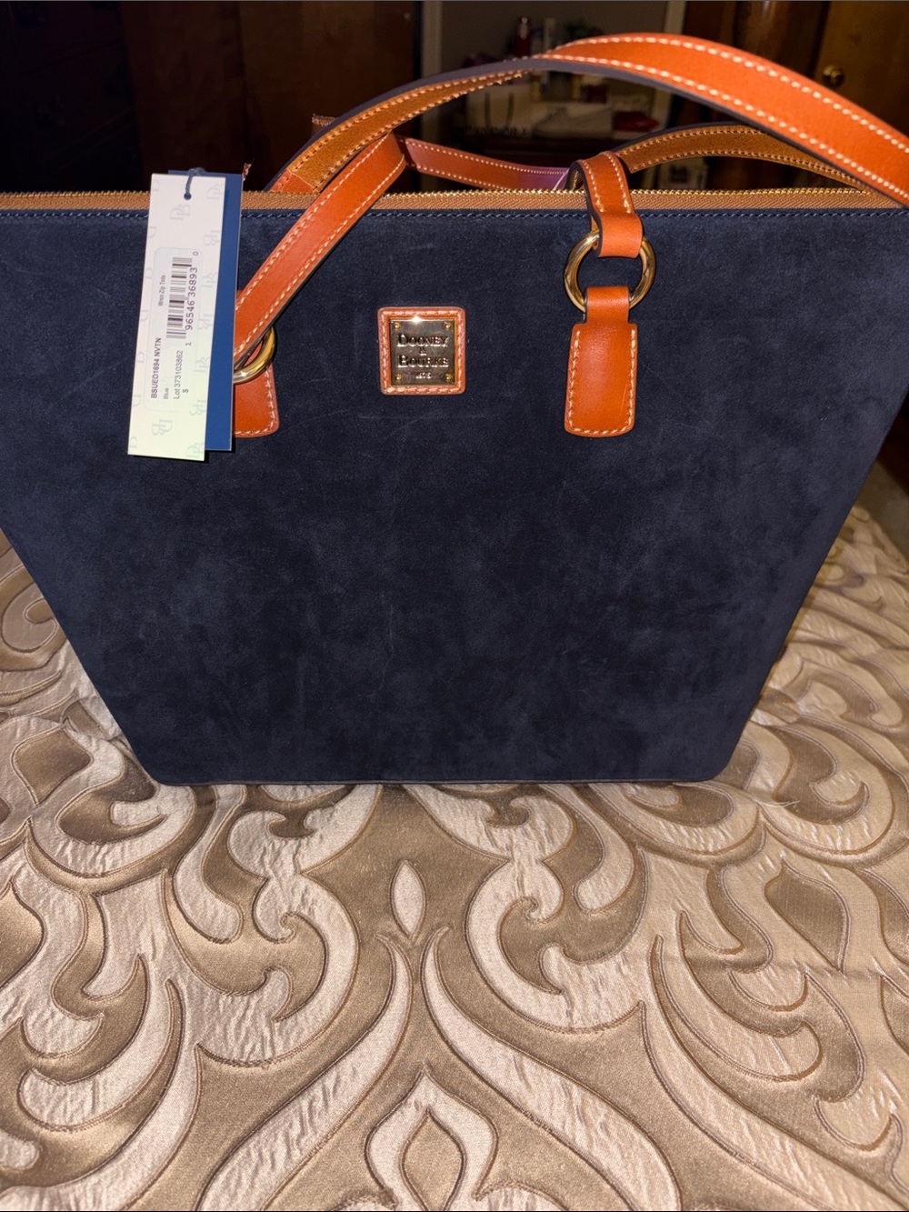 Dooney & Bourke Wren Navy Suede Tote Tan Handles NWT
